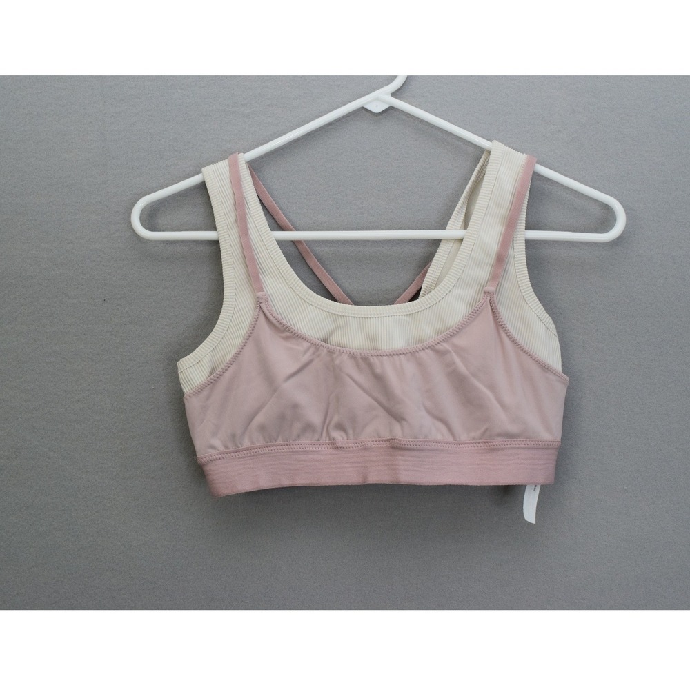 FP Movement Sports Bra Small Pink Cream Layered Ribbed Strappy Women Activewear